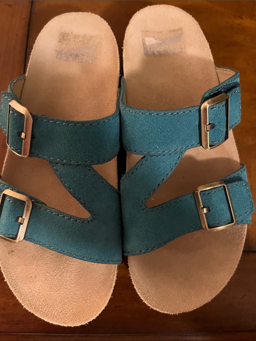 Dansko Teal Suede Double-Buckle Slide Sandals
